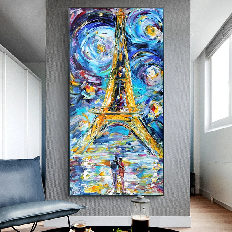 Couple in Starry Night Looking at the Eiffel Tower Art Printed on Canvas