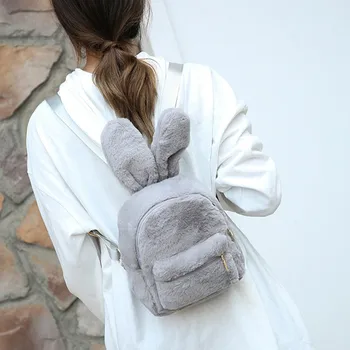 

Cute Faux Fur Mini Backpack Rabbit Ear Women Travel Shoulder Bags Fashion Zipper Plush Backpack Rucksack School Bag for Girls