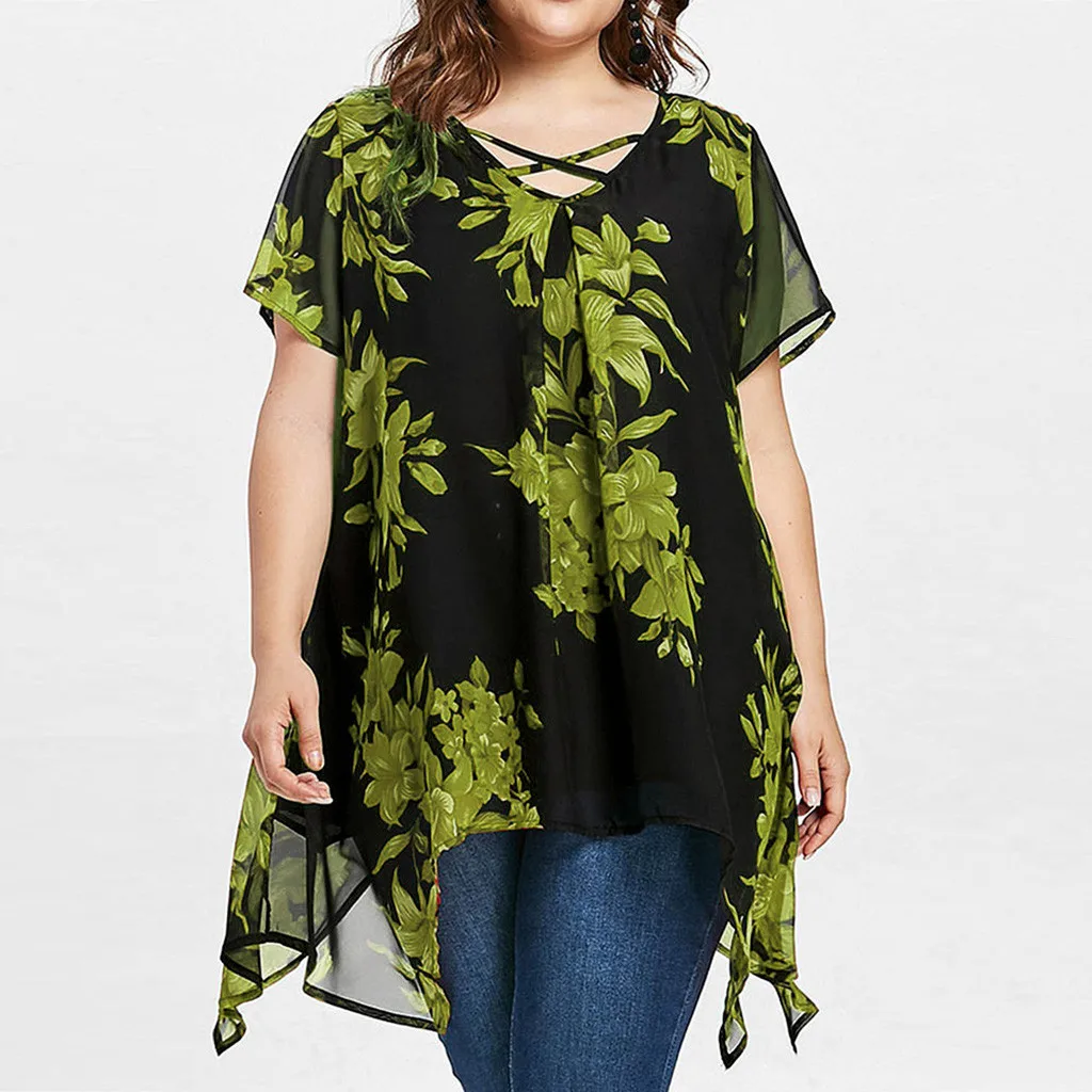 

WoMen Blouse Tunic Plus Size Criss Cross Chiffon Blouse Print Short Sleeve Shirt Tops Blouse VogueBlusas Mujer De Moda Nice