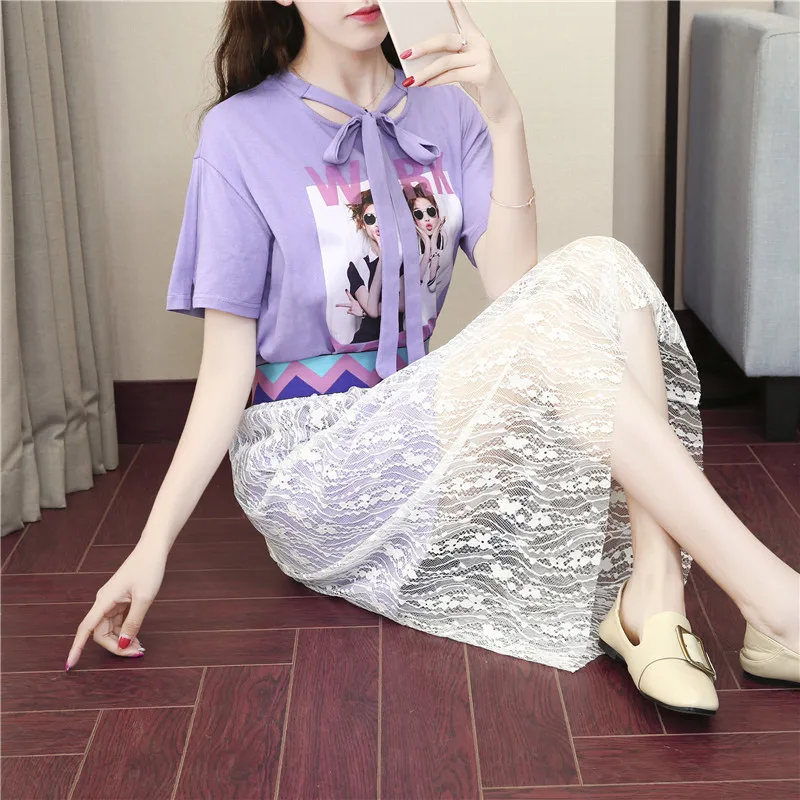 

2018 Summer Wear New Style Korean-style Fashion Printed T-shirt + Lace Midi-skirt Two-Piece Dress Women's