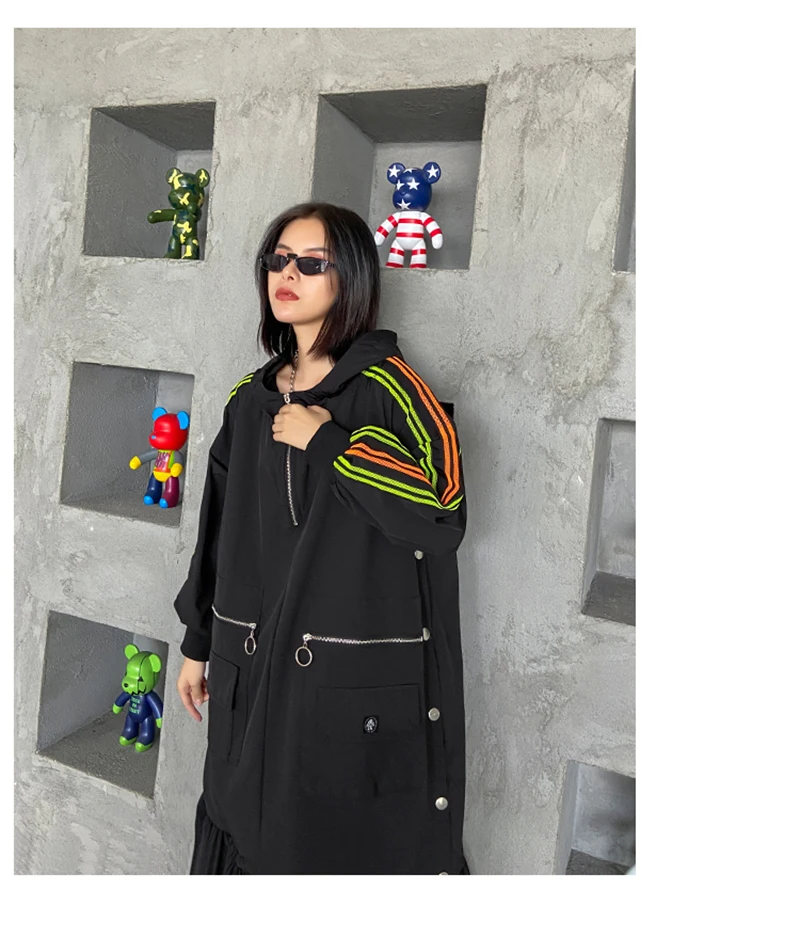 [EAM] Women Black Striped Ruffles Long Big Size Long Dress New Hooded Long Sleeve Loose Fit Fashion Spring Autumn 2020 1DA229