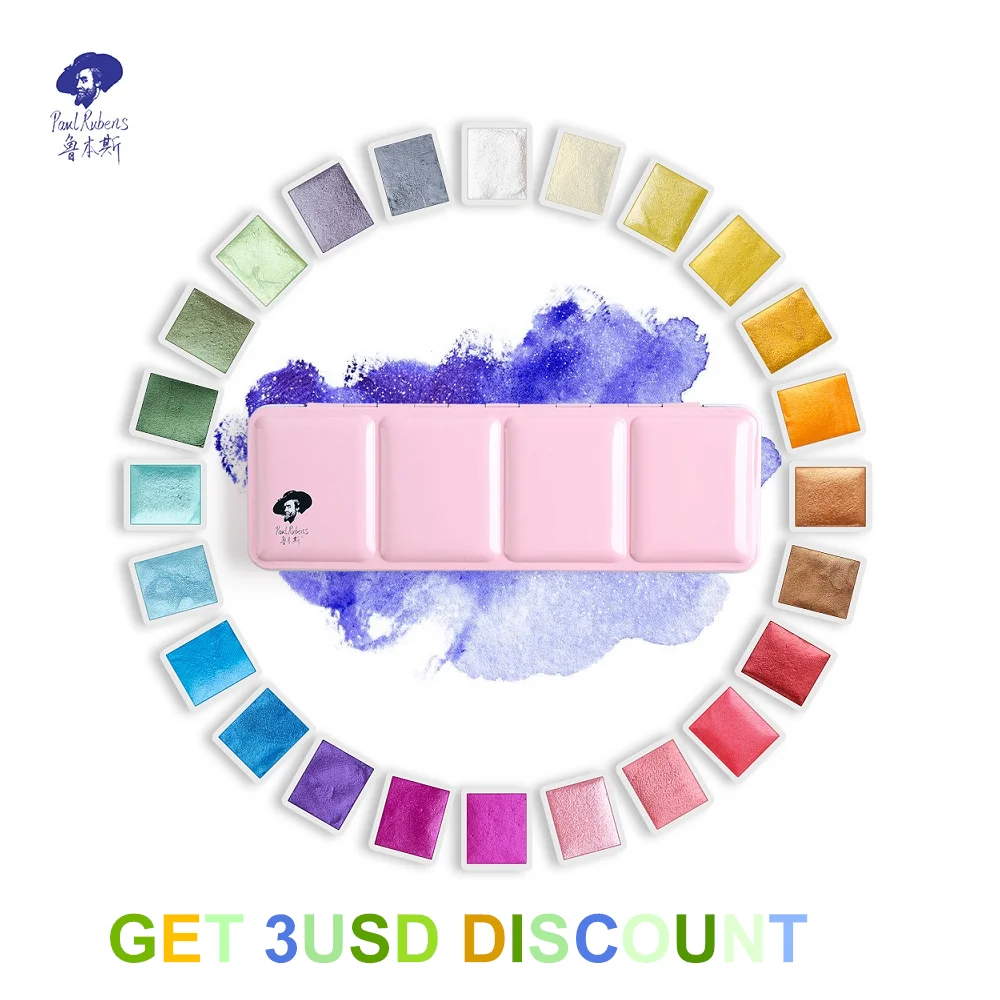 

Rubens 12/24 Glitter Watercolor Paint Solid Colors Artist Watercolor Paints Pink Portable Metal Case with Palette