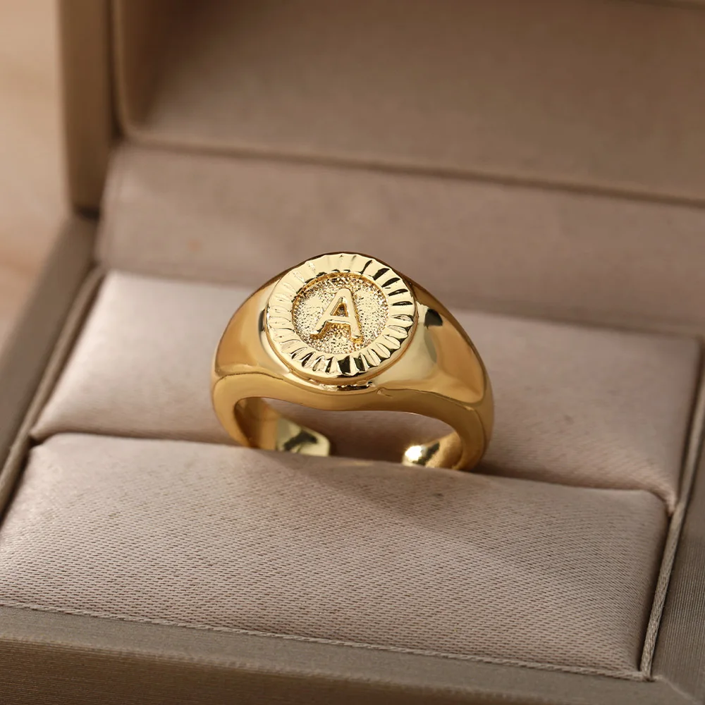 Initial Letter Signet Rings for Women Gold Color Stainless Steel Adjustable Ring Vintage Aesthetic Wedding Jewelry