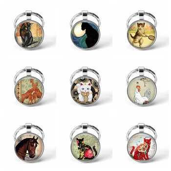 

Cute Cat Keychain Pendant Wearable Art Horse Jewelry Car Key Holder Key Ring Glass Cabochon Pendant Jewelry Christmas Gift