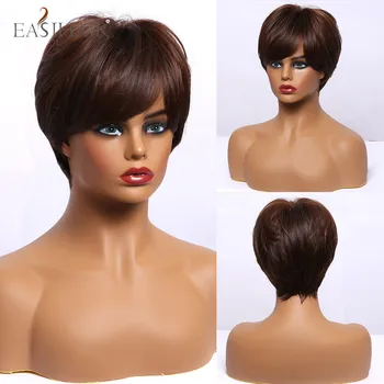 

EASIHAIR Dark Rose Brown Highlight Short Straight Synthetic Wigs With Side Part Bangs Pixie Cut Cosplay Heat Resistant for Women