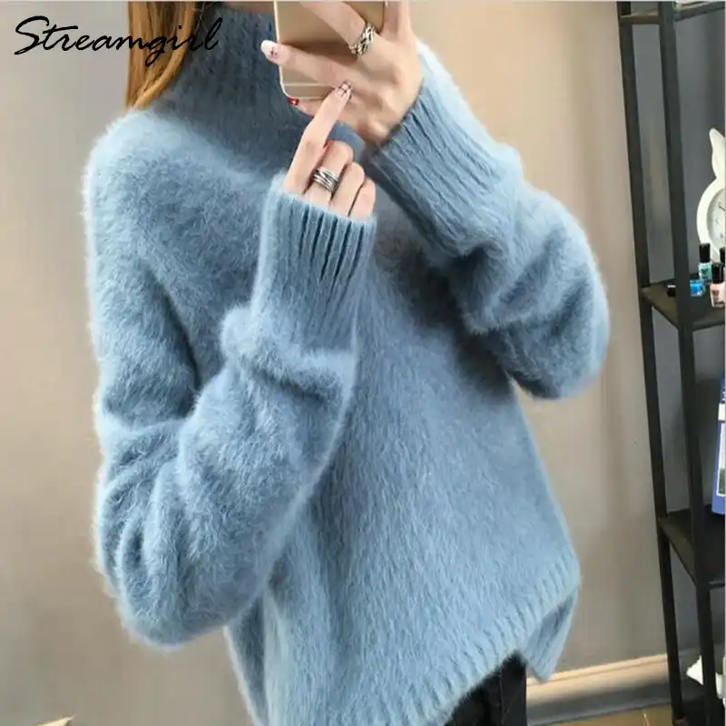 Printemps Femmes Fuzzy Mohair Sweater Col Roulé épais Pull-over tricoté à la main Pull