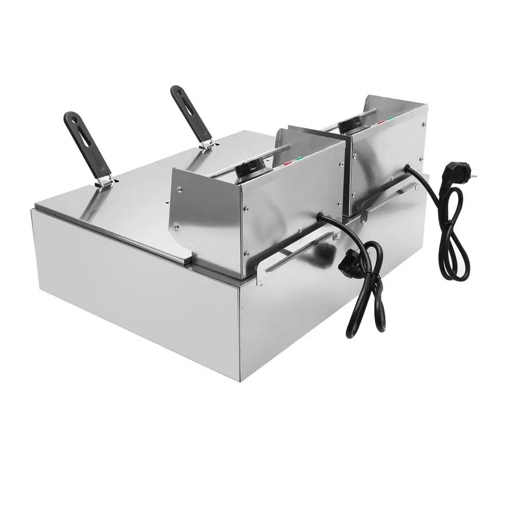 

Commercial Professional Electric Stainless Steel Double Pots Deep Fryer French Fries Frying With Lids Baskets 2 x 10 Liter EU