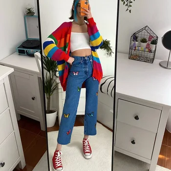 

2020 Summer High Waist Colorful Butterfly Embroidered Straight-Cut Cute Girls Denim Casual Pants Skinny Pants