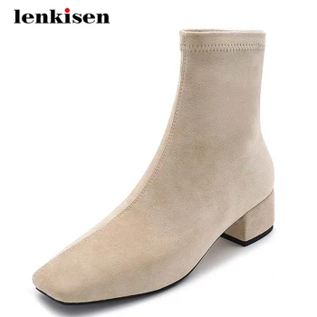

Lenkisen new large size Chelsea boots microfiber stretch all-match square toe thick med heel slip on office lady ankle boots L22