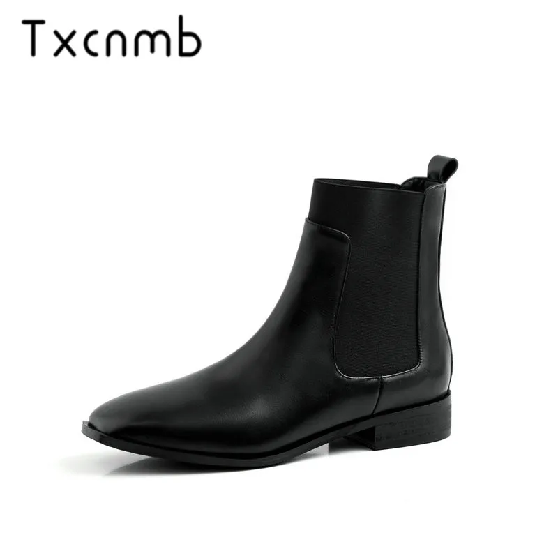 

TXCNMB Autumn Winter Fashion Square Toe Low Heels Women Ankle Boots Slip-on Short Boots Genuine Leather Party Shoes Woman