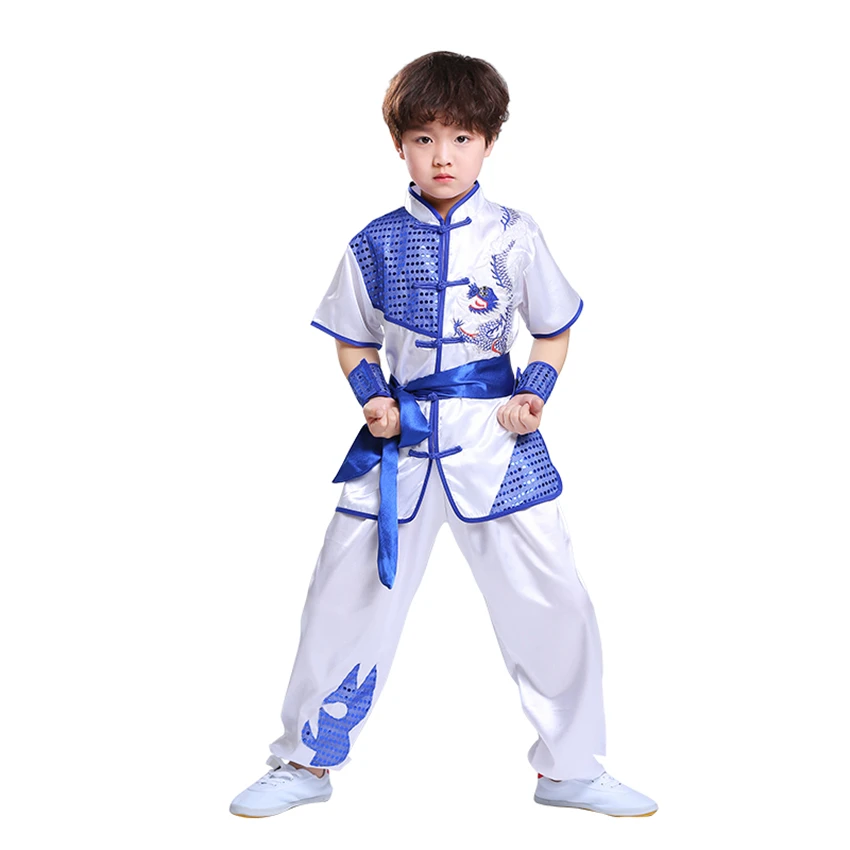 Children Chinese Traditional Style Clothing Set Sequin Dragon Embroidery Long&Short Performance Tai Chi Kung Fu Uniforms Chinese Traditional Costume