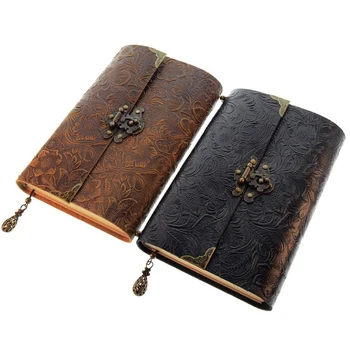 

2x Brown/Black Embossed Pattern Soft Leather Travel Notebook with Lock and Key Diary Notepad Kraft Paper Business Sketch and Wri
