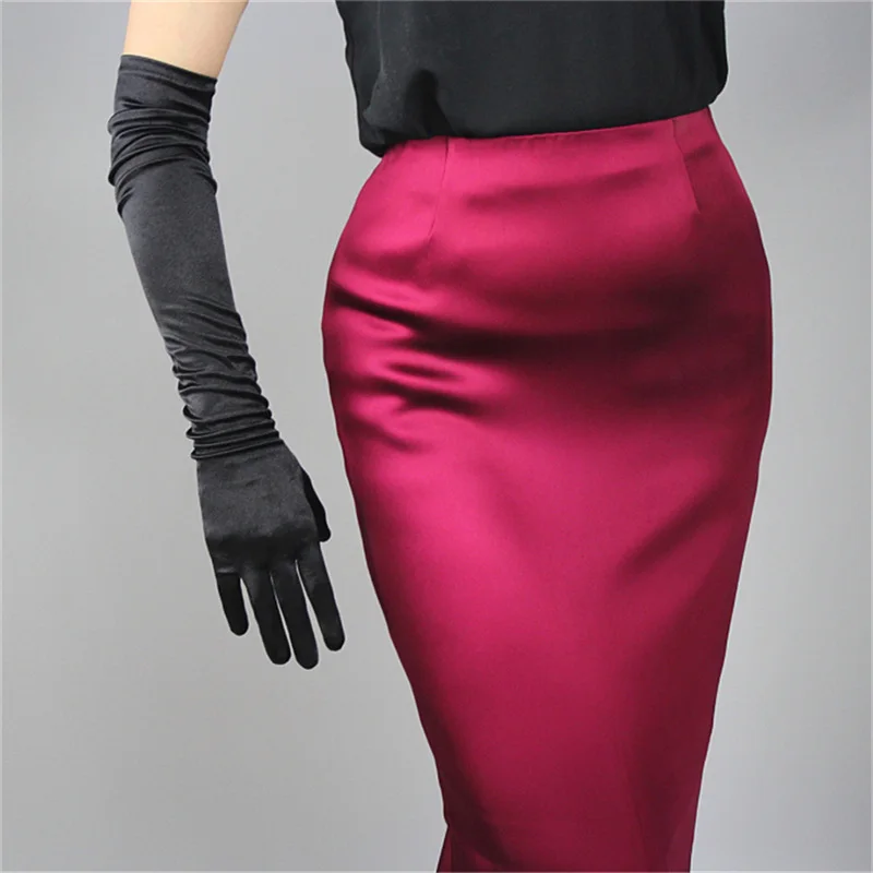 Шелковые перчатки Женские 38 см эластичные шелковые атласные темно-красные бордовые длинные солнцезащитные перчатки SCJH38 - Цвет: Black 58 cm