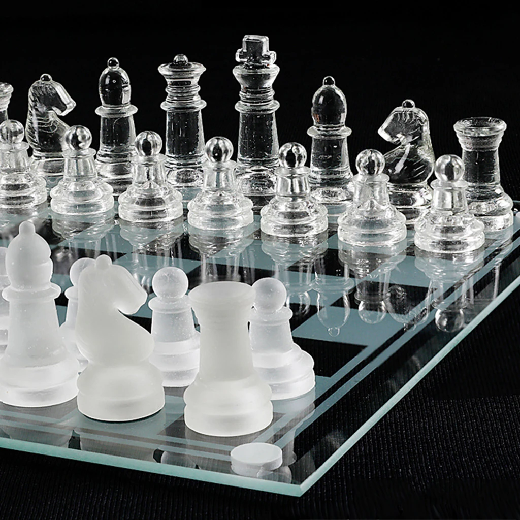 Glass Chess Game Set Functional Solid Glass Chess Board with Clear Frosted Glass Pieces Board Games for Kids Adults--20x20cm