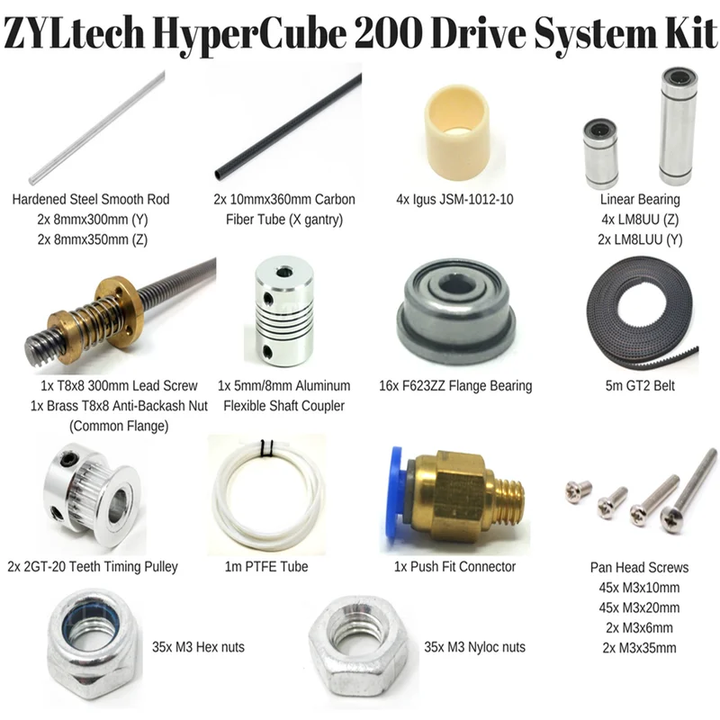 200mm 1 комплект HyperCube CoreXY+ Z Bowden-style комплект приводной системы свинцовый винт углеродная трубка детали 200/300 мм Кубический Объем сборки - Цвет: 200mm