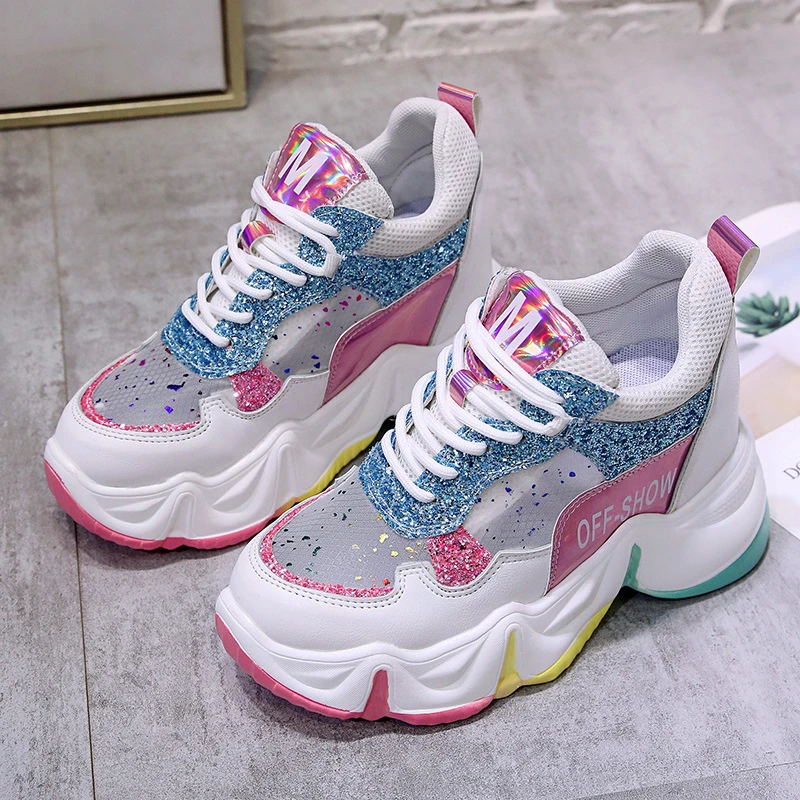 

2020 Platform Women Sneakers Summer Breathable Mesh Shoes Women Wedges Heels Casual Shoes 9 CM Thick Sole Trainers White Shoes