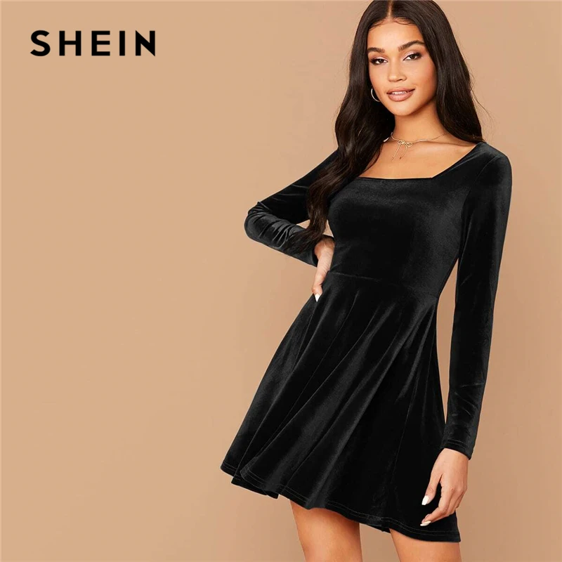 SHEIN однотонное элегантное бархатное платье с квадратным вырезом, женские весенние вечерние платья с высокой талией и длинным рукавом