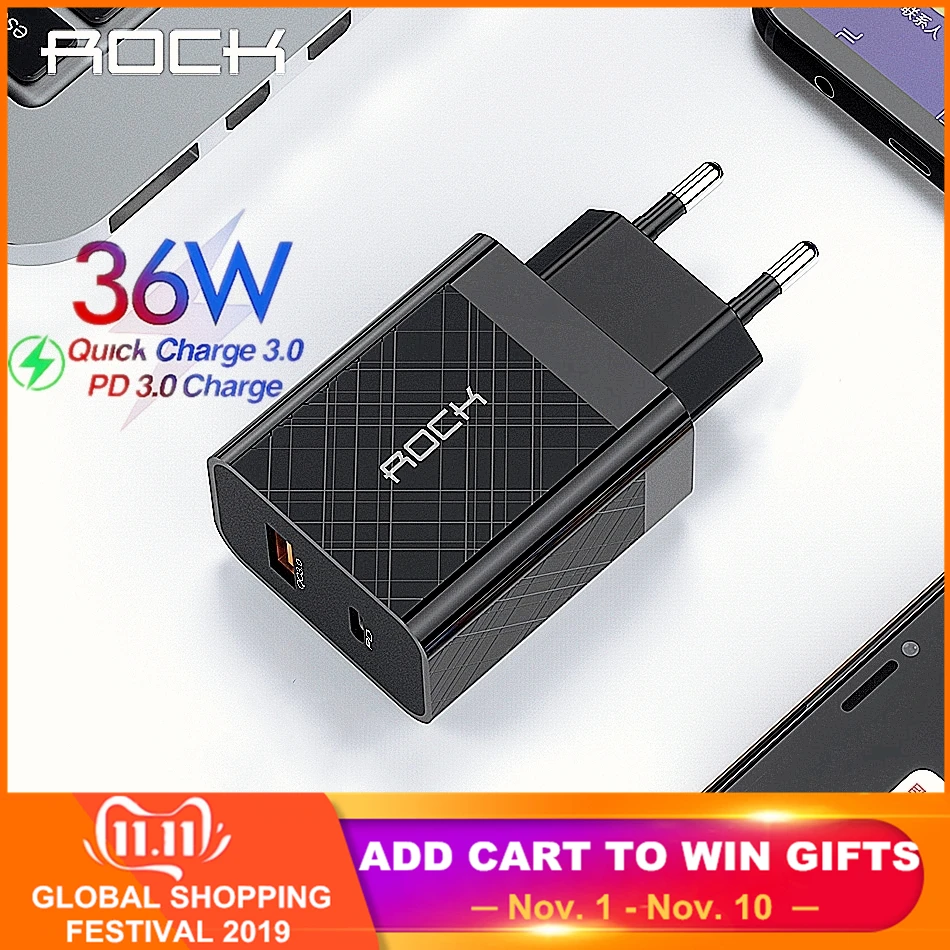 

ROCK PD QC 3.0 FCP Dual USB Charger 36W Quick Charge EU US Plug for iPhone X 8 plus For Redmi Note 7 Mobile Phone Adapter