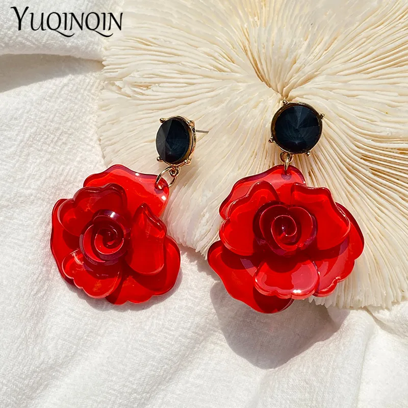 Dangle Earrings Drop Earrings Flower Earrings Rose Earrings Long Earrings Acrylic Earrings Vintage Korean Acrylic Rose Flower Drop Earrings for Women