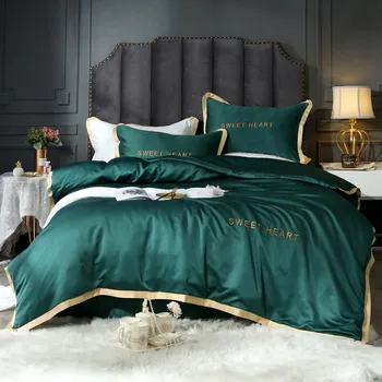 

OLOEY pure satin silk bedding set comforter bed set luxury bedding embroidery solid duvet cover sheet queen size Golden rim