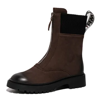 

Matin Boots Front Zip Ribbon Flat Leather Women Shoes Ankle Booties New Retro Elastic Band Slip-on Gradient Casual Autumn Heel