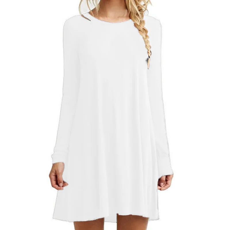White Long sleeve Популярное осеннее женское платье с длинными рукавами большого размера S-2XL однотонное платье с круглым вырезом и коротким рукавом свободного покроя - Цвет: White Long sleeve