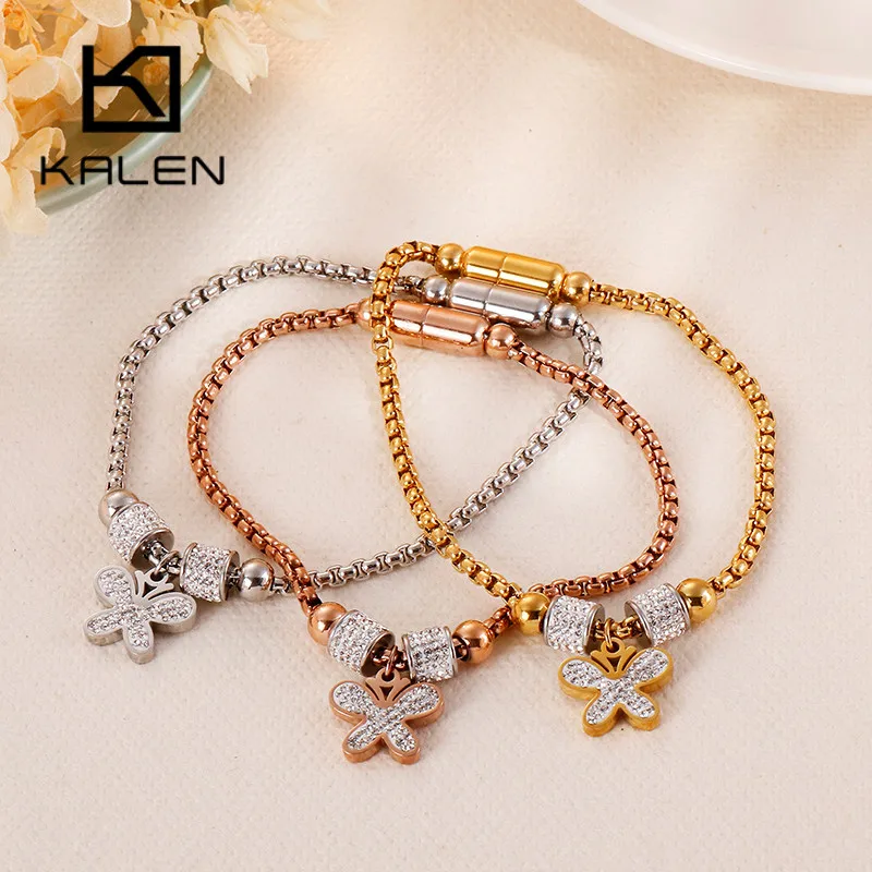KALEN Bohemia, все циркониевые браслеты с бабочками для женщин, магнитная застежка, трехцветный браслет с подвеской из нержавеющей стали, ювелирное изделие