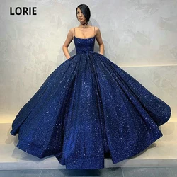LORIE Fashion Glittery Royal Blue Evening Dresses Long 2020 Spaghetti Strap Pockets Prom Party Gowns Arabic Dubai Lace-up Dress