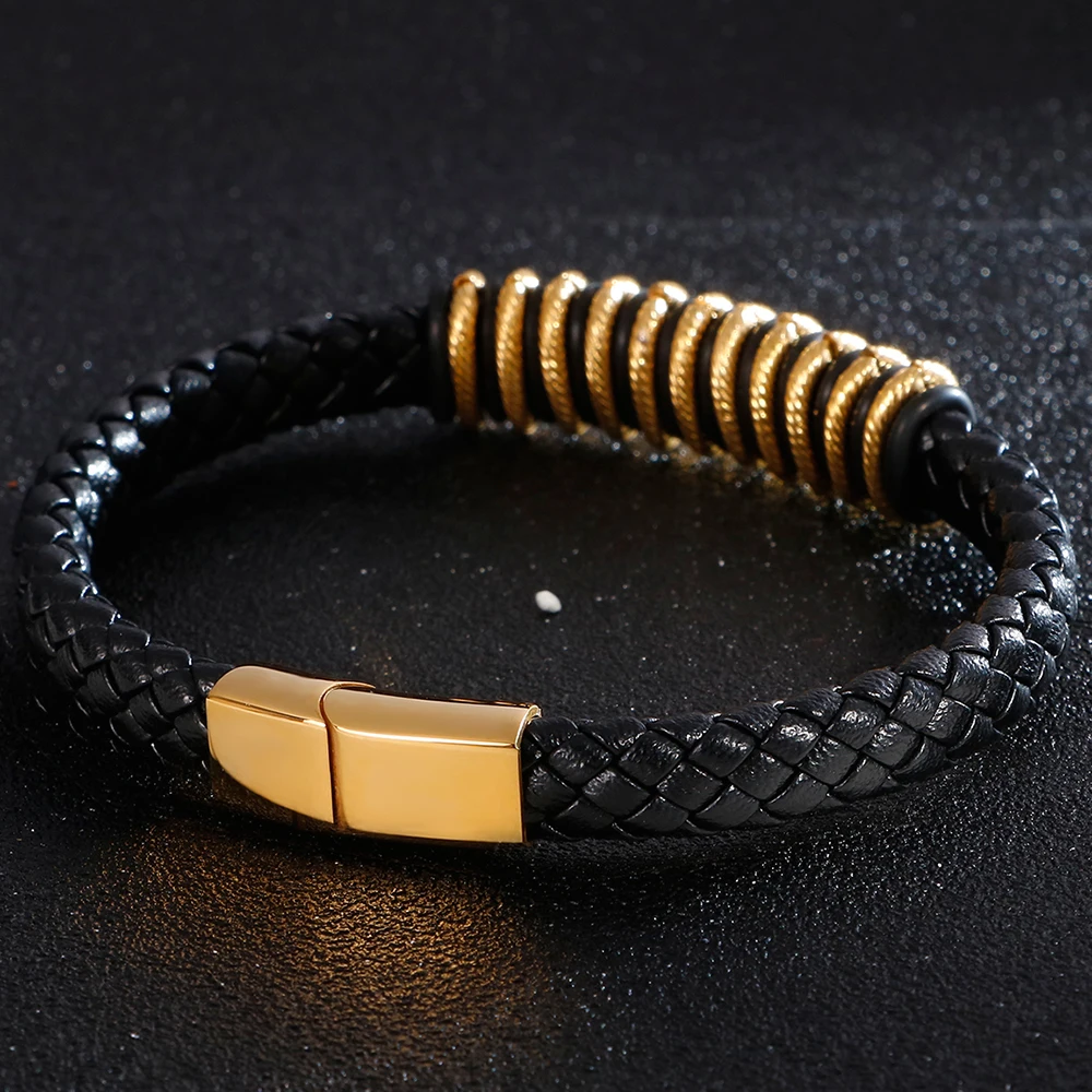 Personalized Braided Genuine Leather Bracelet Men Gold Black Stainless Steel Men's Bracelets Fashion Wrap Bangles Hand Jewelry