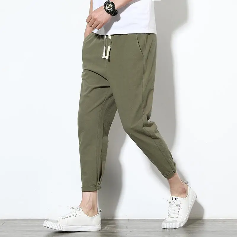 New High quality Men's Summer Casual Pants Natural Cotton Linen Trousers White Linen Elastic Waist Straight Man's Pants