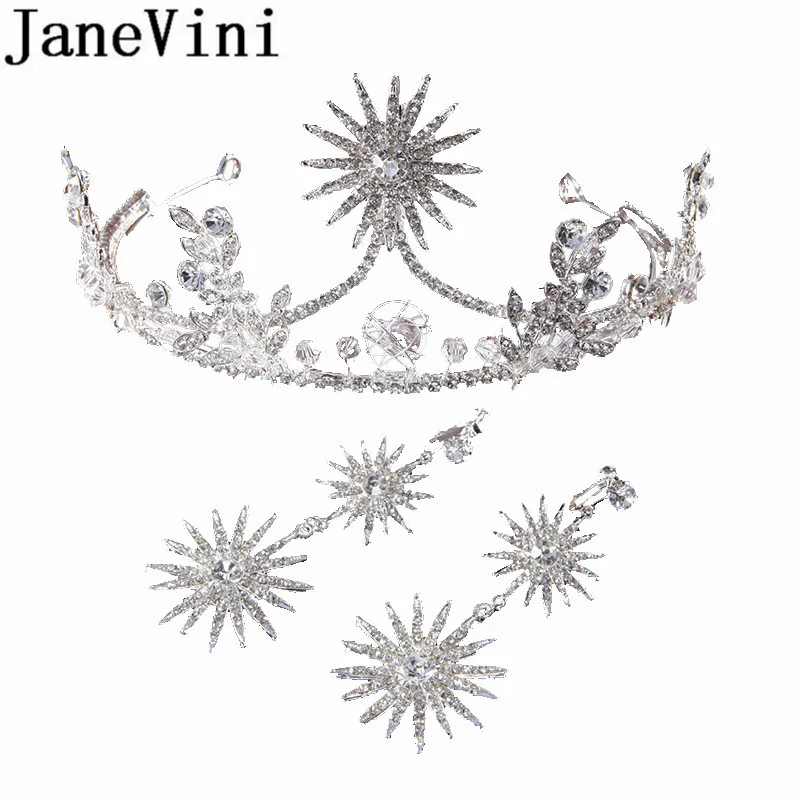 JaneVini шикарные стразы свадебные тиары и короны с сережками серебряные женские вечерние свадебные резинка на голову Свадебная повязка для волос