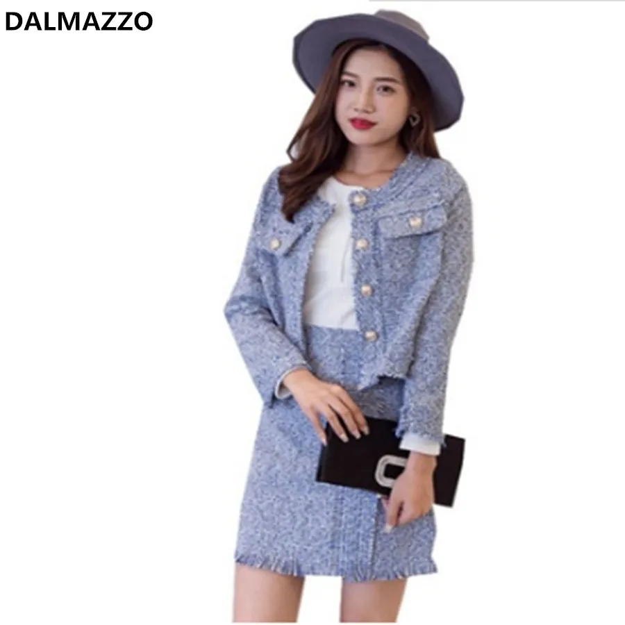 

2019 Newest Autumn Women Tweed Wool 2 pieces Sets Fashion Pink Plaid Slim Short Jacket Coat + Package hip Short Skirt Suits XL