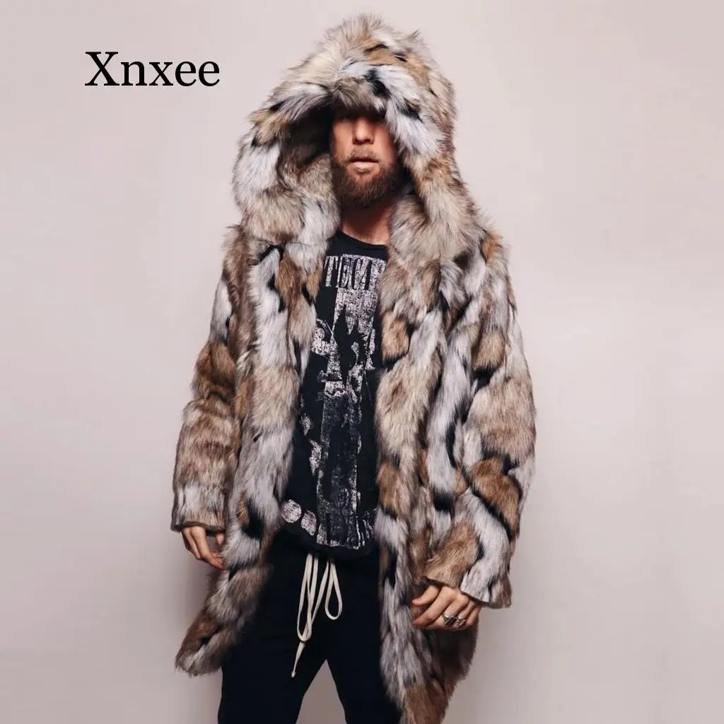 Зимнее Мужское пальто из искусственного меха, куртка из лисьего меха, модное мужское теплое леопардовое плотное пальто с капюшоном, куртка из искусственного меха, верхняя одежда, пальто