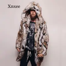 Зимнее Мужское пальто из искусственного меха, куртка из лисьего меха, модное мужское теплое леопардовое плотное пальто с капюшоном, куртка из искусственного меха, верхняя одежда, пальто