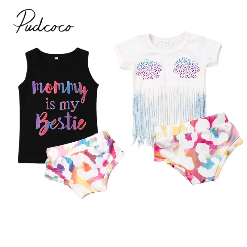 

2019 Baby Summer Clothing Toddler Baby Girl Clothes Sleeveless Tassel Vest Tops Cartoon Colorful Shorts Bottoms 2Pcs Outfits Set