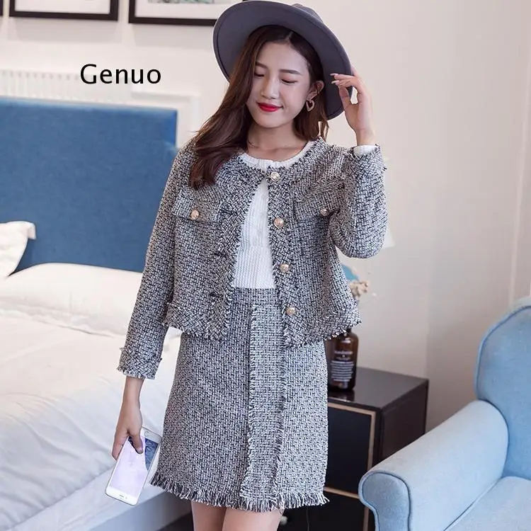 

jacket asymmetrical pearls tweed skirt suit runway tweed suit runway autumn winter women 2 piece set
