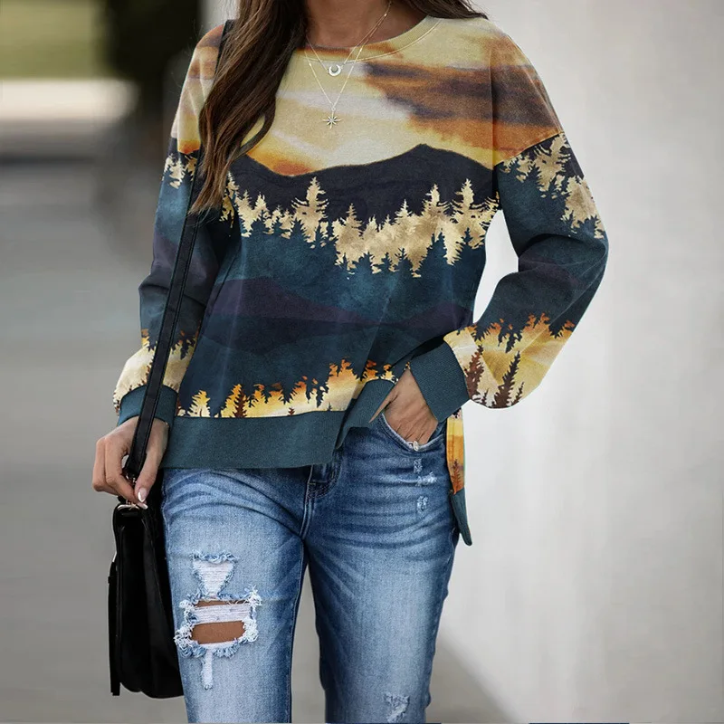 

2020 Autumn Landscape Printing Round Neck Artistic Conception Elegant Sweater Fashion Joker Women's Shirt T-shirt Office Ladies