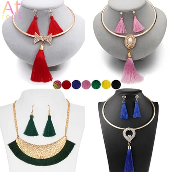 

Dubai Colorful Tassels Jewelry Set Weave Women's Bow Crystal Drop Earrings Torques Long Sweater Pearl Pendant Necklace Set