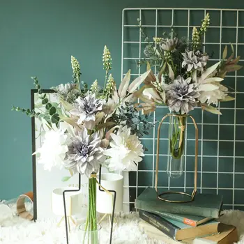 

Luxury Grey Dahlia Hand Flowers with Eucalyptus Hand Grass for Wedding Decorations Artificial Flowers Home Decor Plants