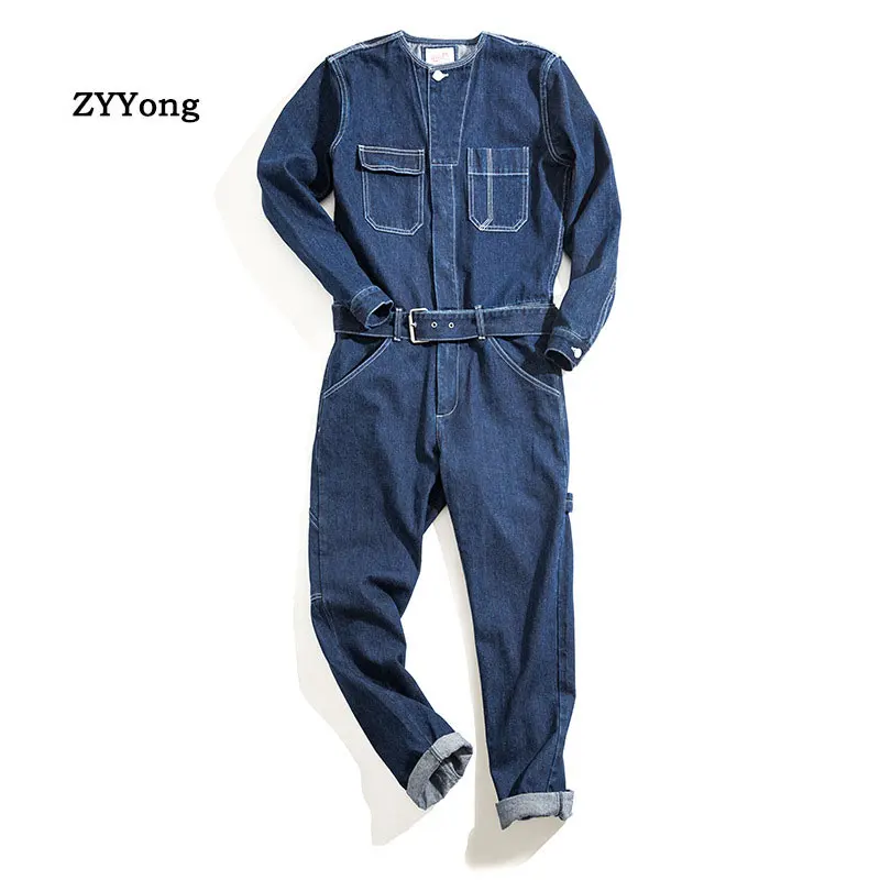 

Man Jeans Jumpsuits Bib Overalls Japanese Style Loose Straight Streetwear Denim Cargo Pants Fashion Leisure Freight Trousers