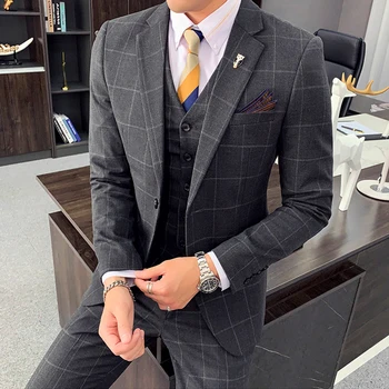 

Asian size 2019 Autumn High-end Brand mens suit Plaid suit Homme Business Casual Men Suit 3 pcs (Jackets+Vest+Pants)