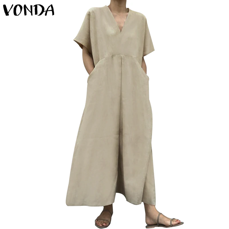 VONDA Summer Long Dress Solid Color Bohemian Beach Dresses Tunic Maxi Dress Women Evening Party Dress Sundress Vestidos