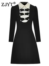 

Runway 2022 New Fashion Spring Women's Beading Bowknot Simple Office Dress Long Sleeve Elegant Vestidos Color Block Robe Femme