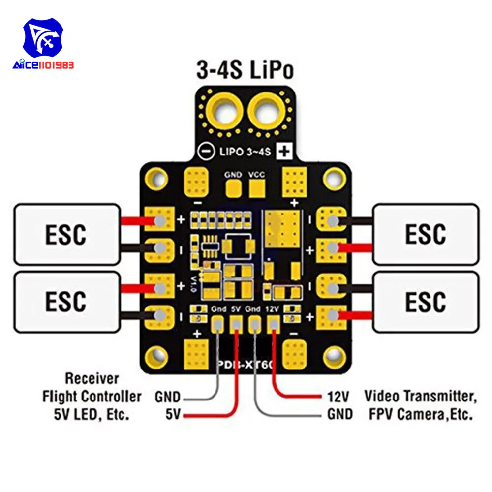 PDB XT60 avec BEC 5V/12V pour Drone FPV QAV210 QAV-R QAV-X