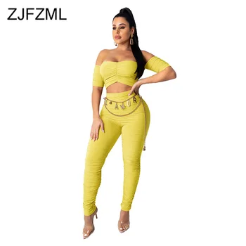 

Ruched Solid Sexy Two Piece Set Womens Clothes Off Shoulder Short Sleeve Corp Top and High Waist Skinny Pants Summer Sweatsuit
