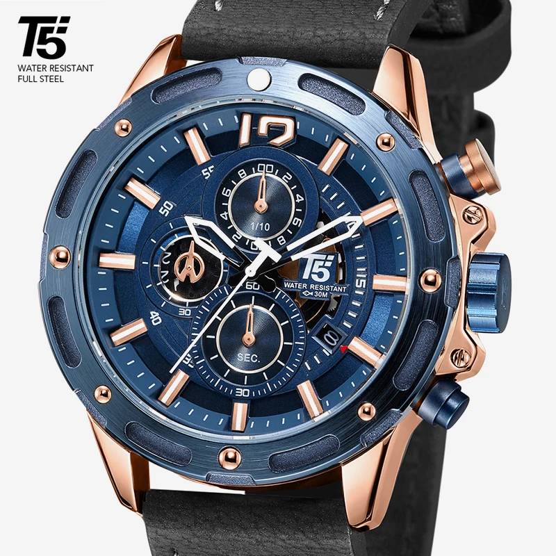 

Leather Strap Rose gold blue Luxury brand man Quartz Mens Chronograph Waterproof Watch Sport Watches Men Wristwatches