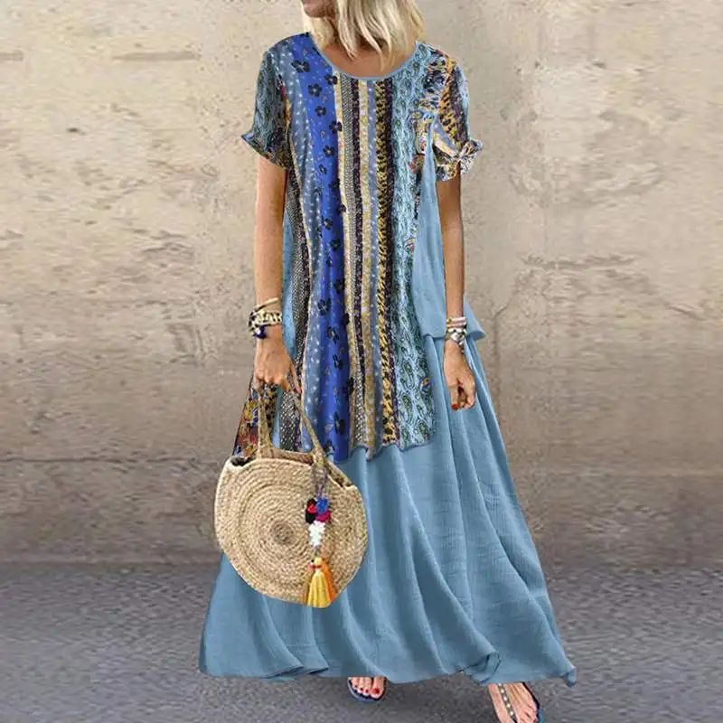 Богемные женские сарафан с принтом Полосатое платье в пол кафтан повседневная с круглым вырезом Vestidos женский Асимметричный халат с коротким рукавом