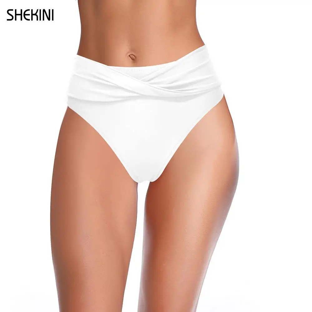 

SHEKINI Women's Solid Swim Briefs Twist front Bikini Bottom Hipster Swimsuit Panties High Cut Waisted Swim trunks Beach Shorts