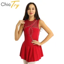 ChicTry женское платье для фигурного катания без рукавов Сетка Сращивание Стразы балетные гимнастические леотарды сцена для спортивных танцев Одежда