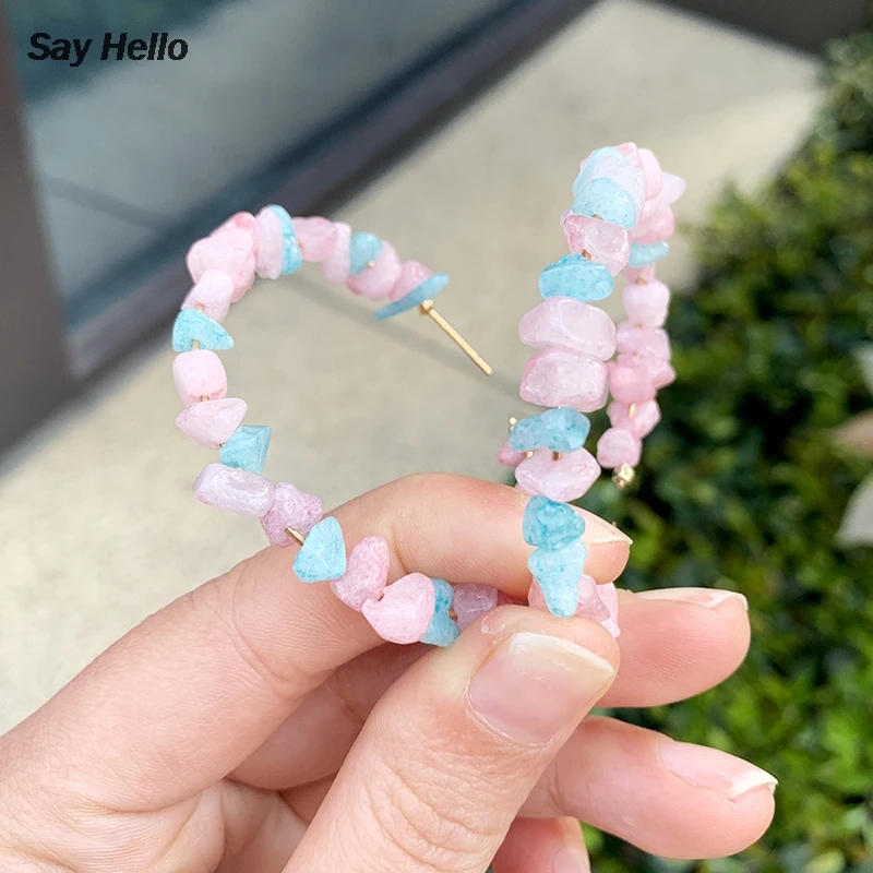 SAY HELLO Women's Bohemian Geometric Stone Beaded Hoop Earrings Female Oversize Circle Pink Brinco F0238 | Украшения и